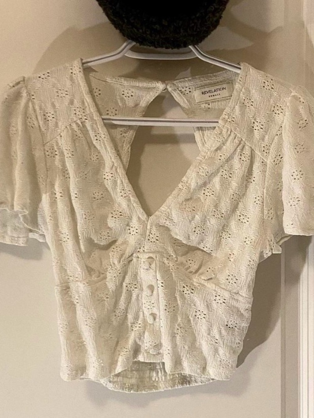 Revelation Linen Eyelet Button-Front Crop Top in Cream